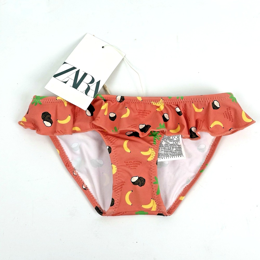 New Zara Ruffle Bikini Swimsuit Bottom Girl 4 Beach Coral Banana Coconut Print